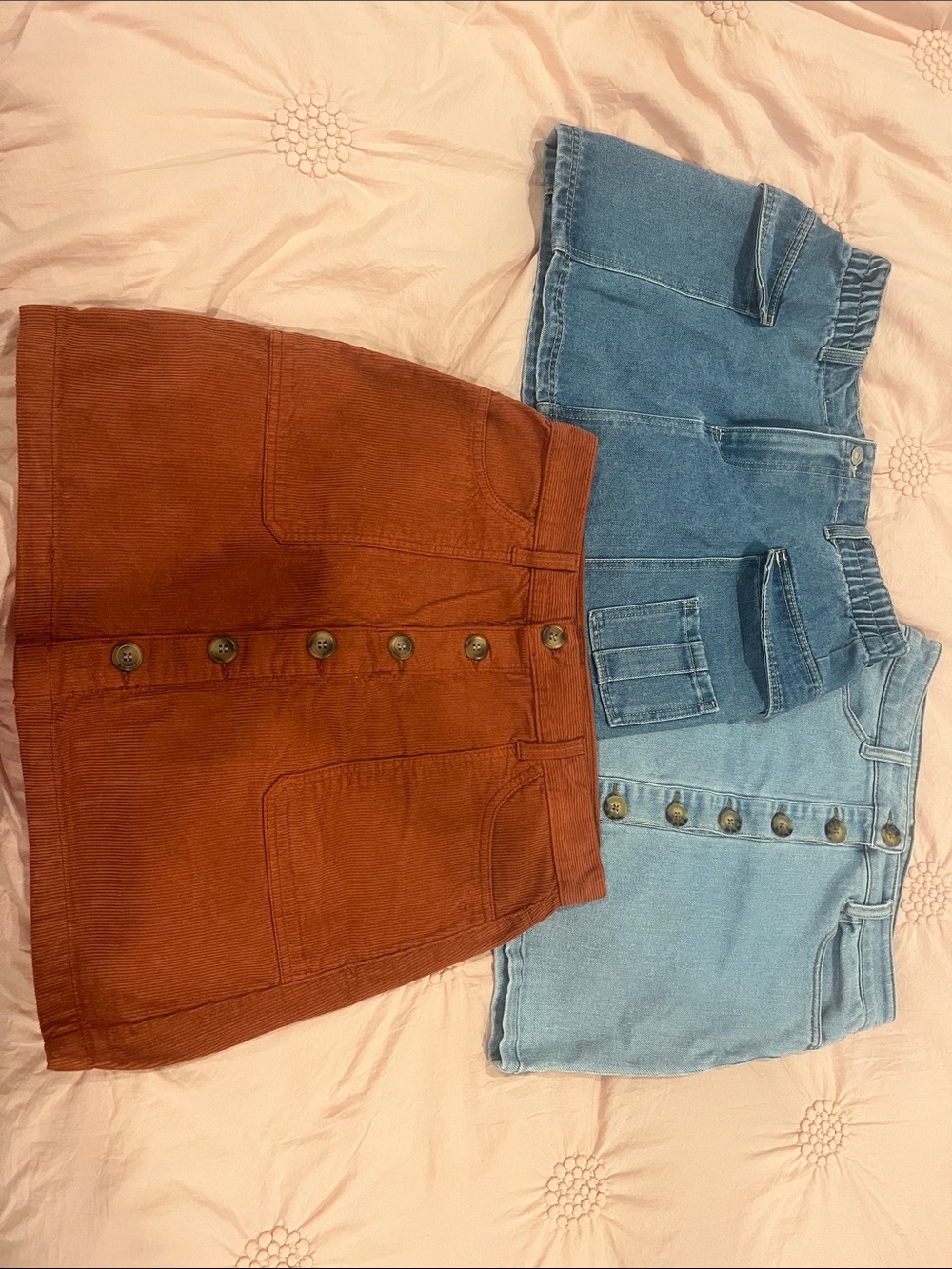 Two-Button Front Mini Skirts in Rust and Light Denim